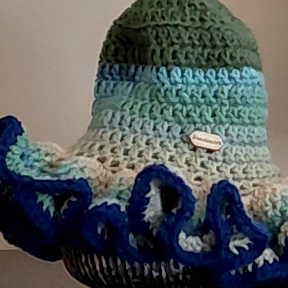 Blue/Multicolor Crochet Hat with Ruffled Brim - Picture 5 of 6